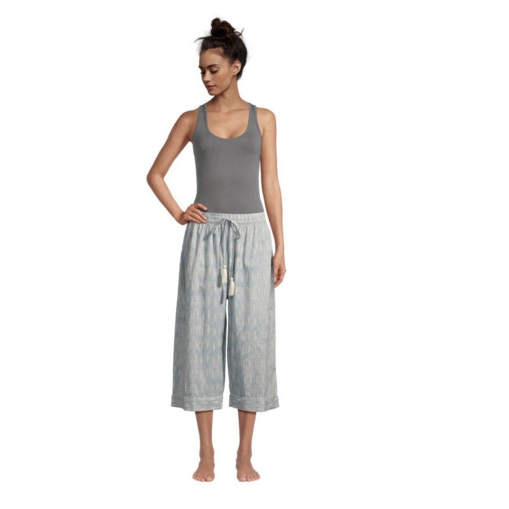 World Market Blue Watercolor Illustrated Sardine Culotte Pajama Pants S/M Soft